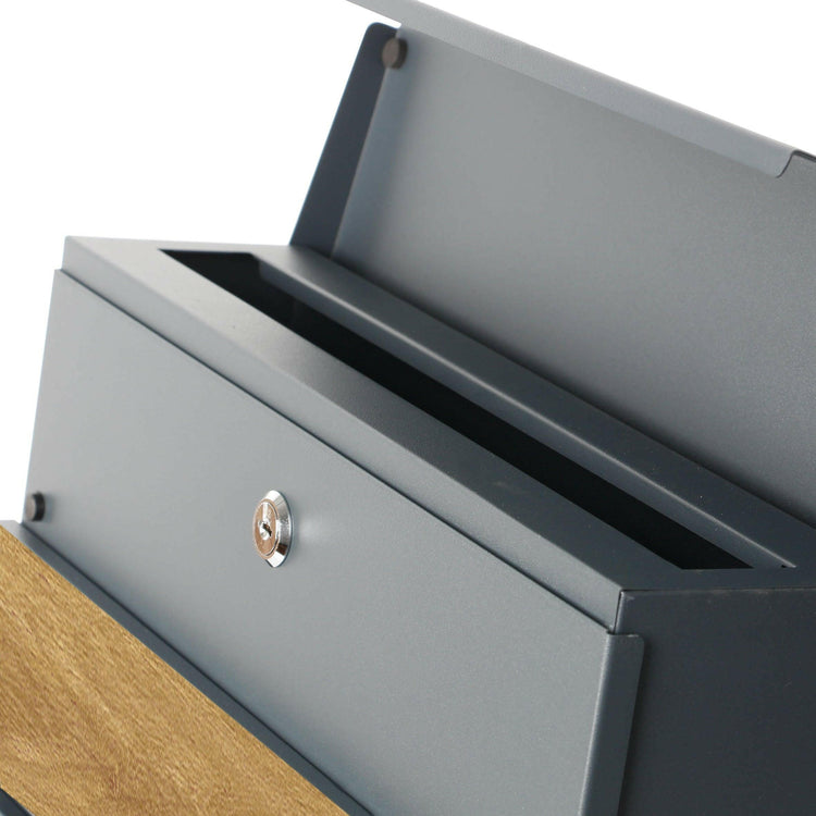 Modern top-opening letter box with lock and wood accent panel
