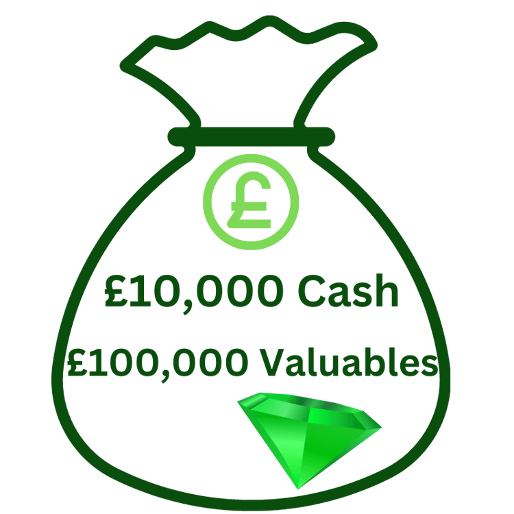 Illustration of a money bag with text: Rated £4,000 Cash - £40,000 Valuables