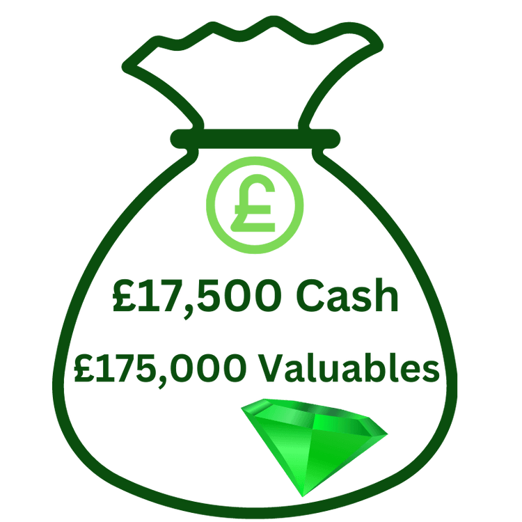 Illustration of a money bag with text: Rated £3,000 Cash - £30,000 Valuables
