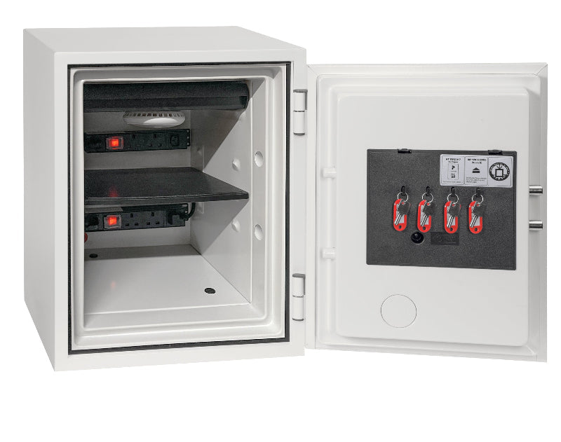 Phoenix Titan BS1283 Battery Safe, 36 Litre with open door showing internal charging shelf and key hooks. Ideal for storing lithium-ion batteries securely.
