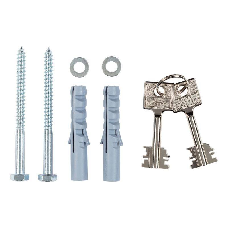 Installation accessories for Burg Wachter H210 Home Safe including mounting bolts, wall plugs, washers, and two security keys.