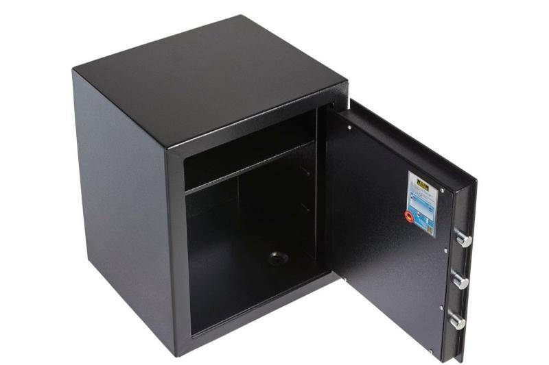 Interior of Burg Wachter H240 Home Safe with electronic lock, open door showing spacious 45.3L compartment and shelf.