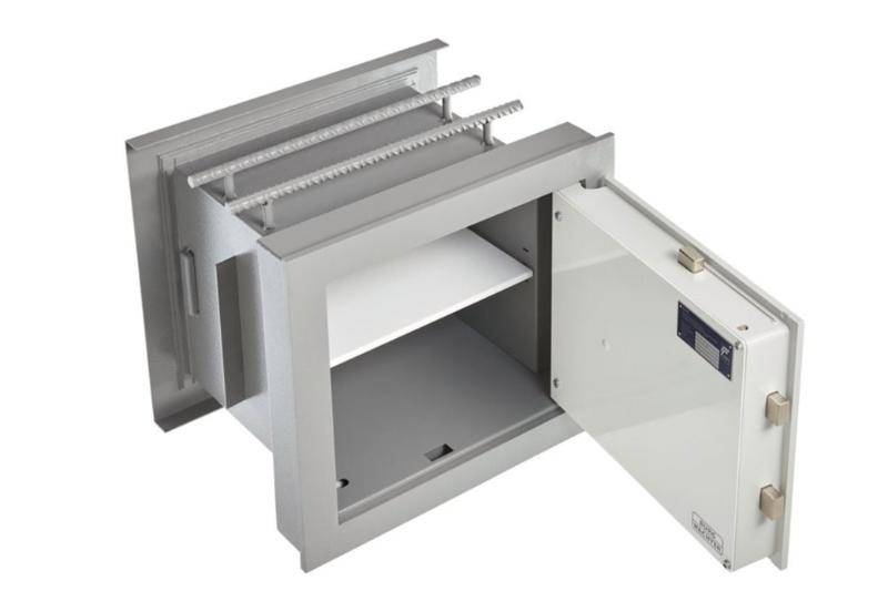 Interior view of Burg Wachter WTD710 wall safe with open door and adjustable shelf, ideal for secure document storage.