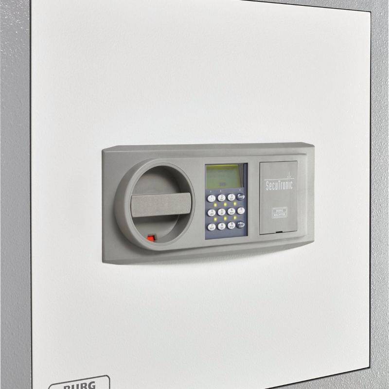 Close-up of Burg Wachter WTD710 electronic SecuTronic keypad lock system, VDS certified for high-security wall safes.