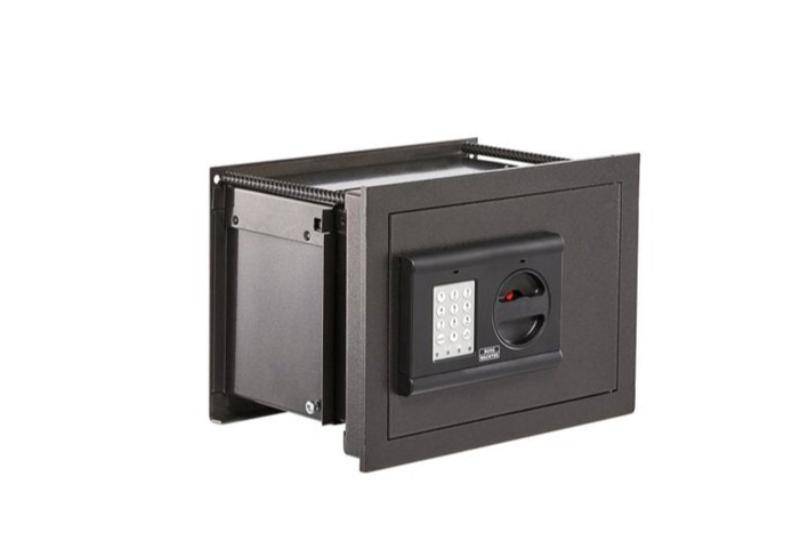 Angled view of Burg Wachter WT613E Karat Wall Safe showing electronic lock and compact design for discreet wall installation.