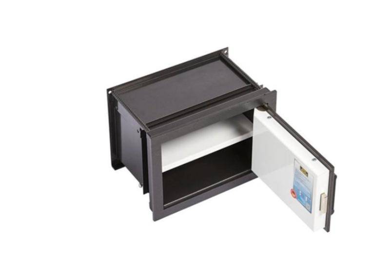 Interior view of Burg Wachter WT613E Karat Wall Safe with open door and empty shelves, offering 10.7 - 17.4 litres of secure storage space.
