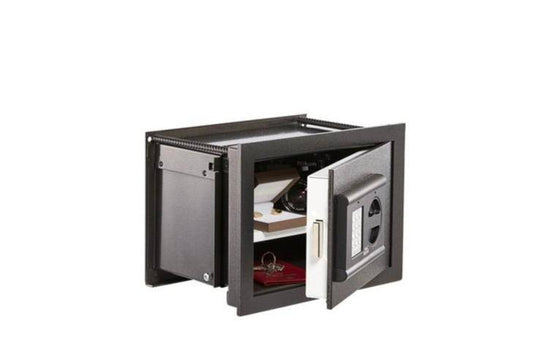 Burg Wachter WT613E Karat Wall Safe with open door showing internal shelves storing keys and documents, ideal for home and office security.