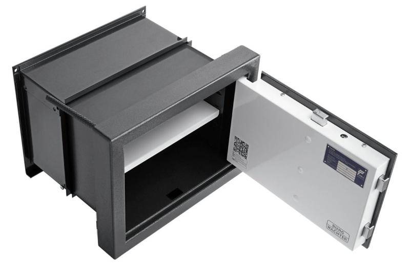Open Burg Wachter WT614 Karat Wall Safe showing white interior and steel door. Premium wall safe with ample space and reinforced locking system.