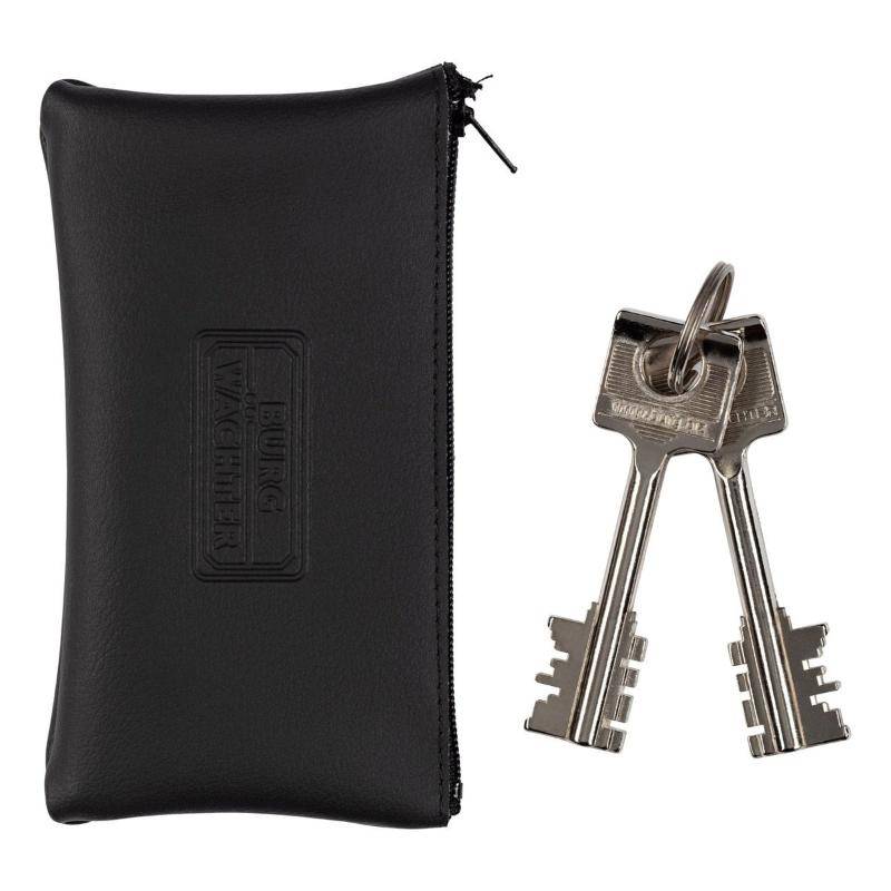 Burg Wachter branded key pouch with two high-security keys. Accessories for WT614 Karat Wall Safe, supporting manual override access.