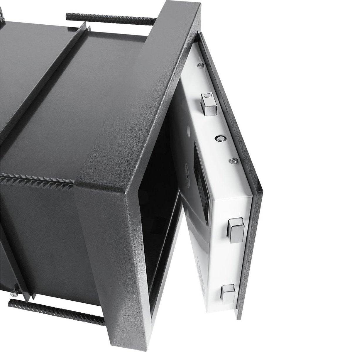 Open Burg Wachter WT614 Karat Wall Safe showing interior locking bolts and electronic panel. High-security wall safe with dual locking mechanism.