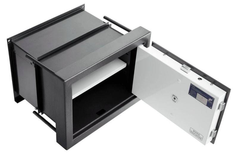 Interior view of open Burg Wachter WT614 Karat Wall Safe with shelf. Spacious 15.6 - 26.0 litre capacity for organized secure storage.