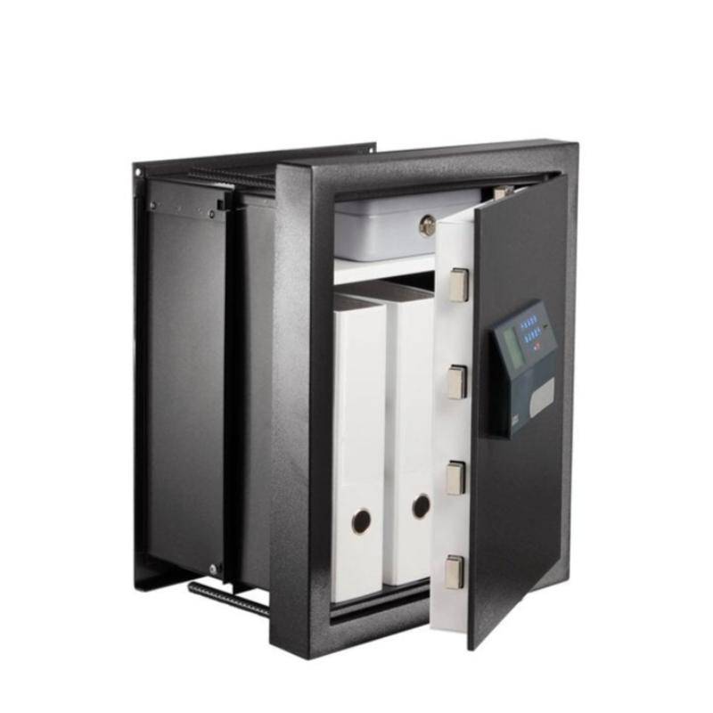 Open Burg Wachter WT616 Karat Wall Safe with electronic lock, displaying organized storage for files and valuables.