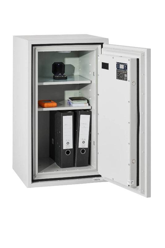 De Raat DRS Combi-Fire 3 fire rated safe with 69L capacity, open to show shelves storing office files and electronics. Ideal for home or office security.