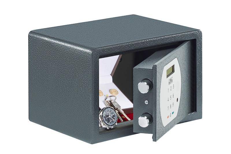 Open Burg Wachter PS110 Pure Safe with electronic lock displaying stored valuables, 6.7L secure storage for home or office use.