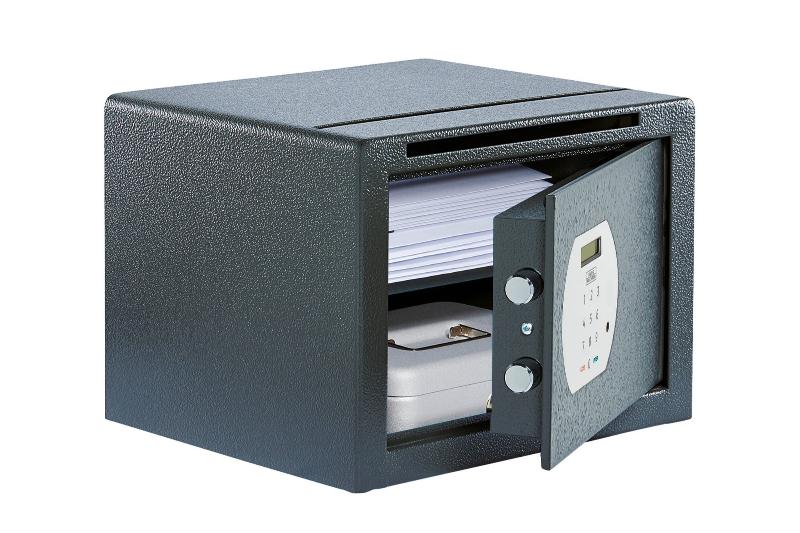 Burg Wachter PS120 Pure Deposit Safe featuring electronic keypad lock, 1K cash rated, 20.6L, for secure business and home use with dual deposit slots.