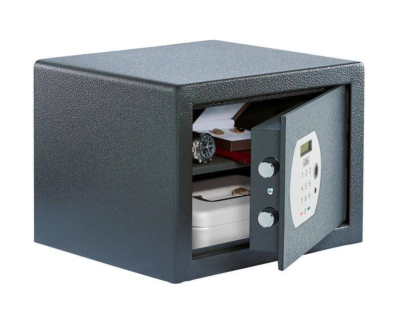 Burg Wachter PS120 Pure Safe with open electronic lock door showing internal storage, 20.6L capacity for valuables protection.