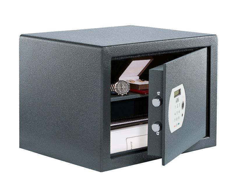 Open Burg Wachter PS130 Pure Safe with biometric keypad lock showing contents, 40.3L capacity for secure home and office storage.