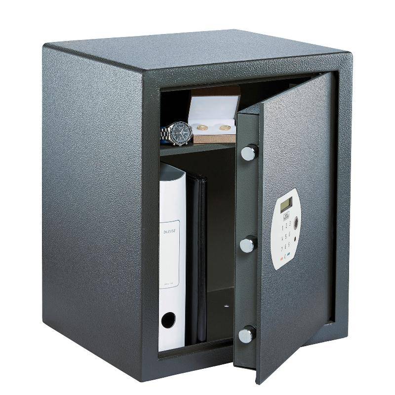 Burg Wachter PS140 Pure Safe with 59.8L capacity, featuring an open door revealing interior storage for documents, valuables, and a watch. Ideal for home and office security.