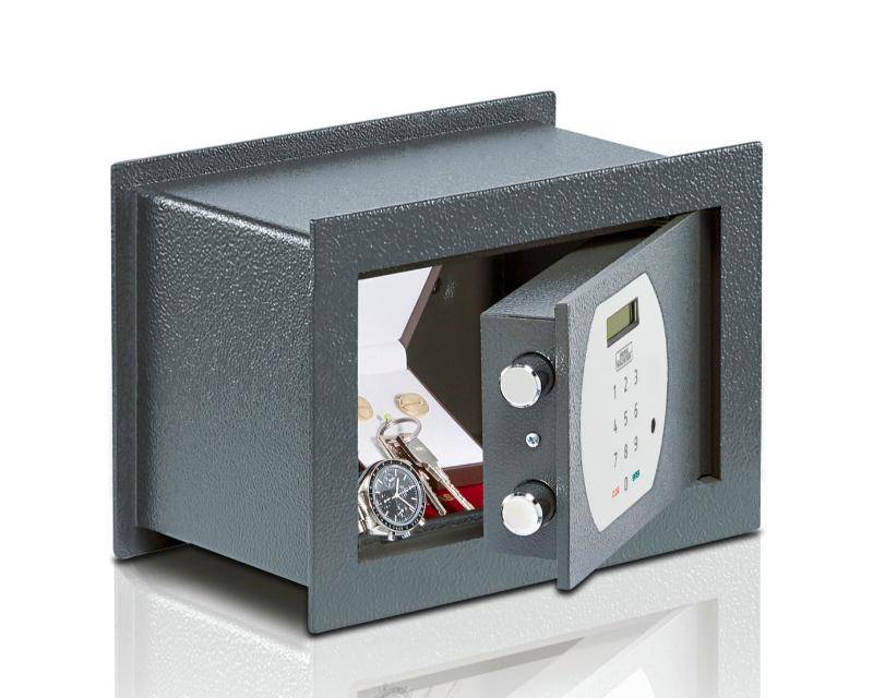 Open Burg Wachter PSW110 Pure Wall Safe, 4.6 Litres with electronic lock, displaying valuables inside, perfect for secure wall-mounted storage.