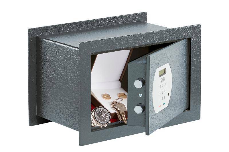 Burg Wachter PSW120 Pure Wall Safe, 1K Rated, 10.6 Litres with electronic keypad and key lock, ideal for securing valuables in home or office walls.