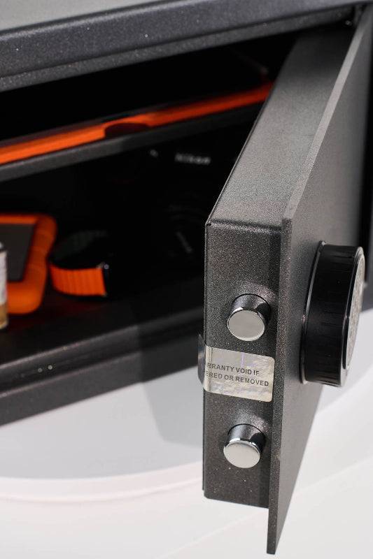 De Raat DRS Vega 40 safe with door open, showing internal storage of valuables. S2 security grade, 26L capacity, £4K cash rated for home or office use.