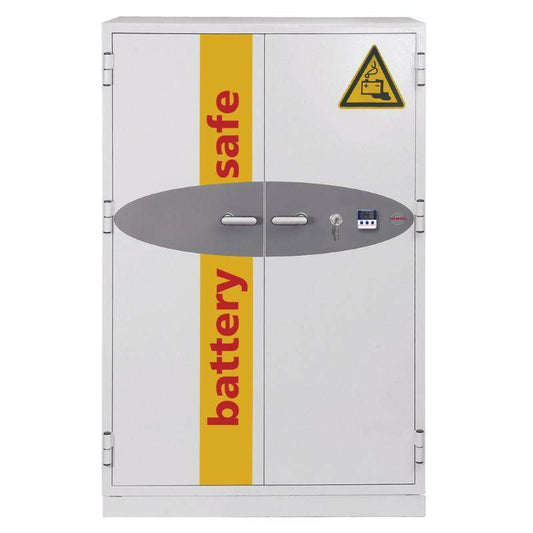 Phoenix BS1934 Battery Commander Safe with dual handles, key lock, and warning symbol, ideal for lithium battery fire protection in offices.