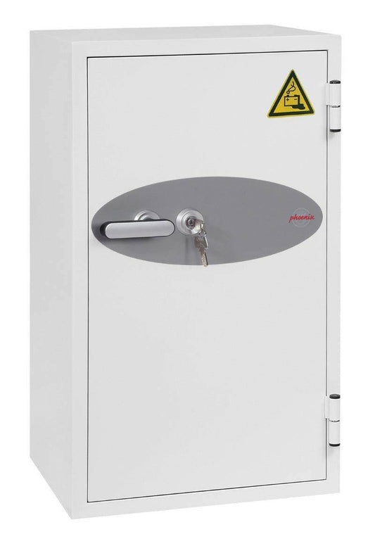 Phoenix BS0444 Battery Fighter Safe, 163 Litre with 3 lock types, ideal for storing and charging lithium-ion batteries in offices or homes.