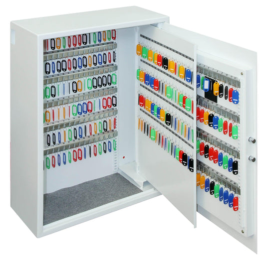 Large key cabinet with colorful key tags and organized rows.