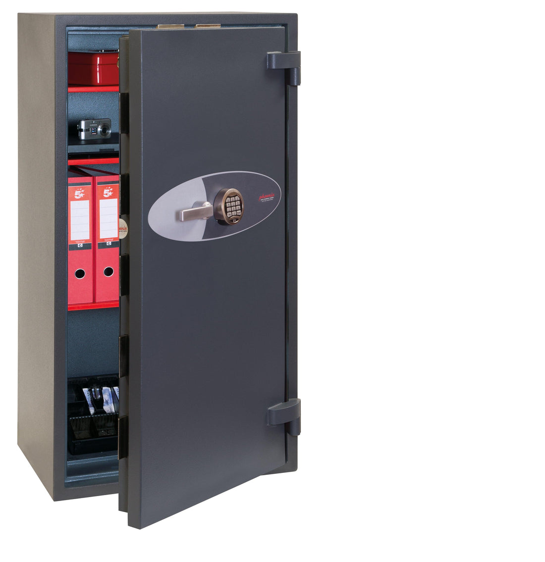 Open high security safe with documents and valuables inside.