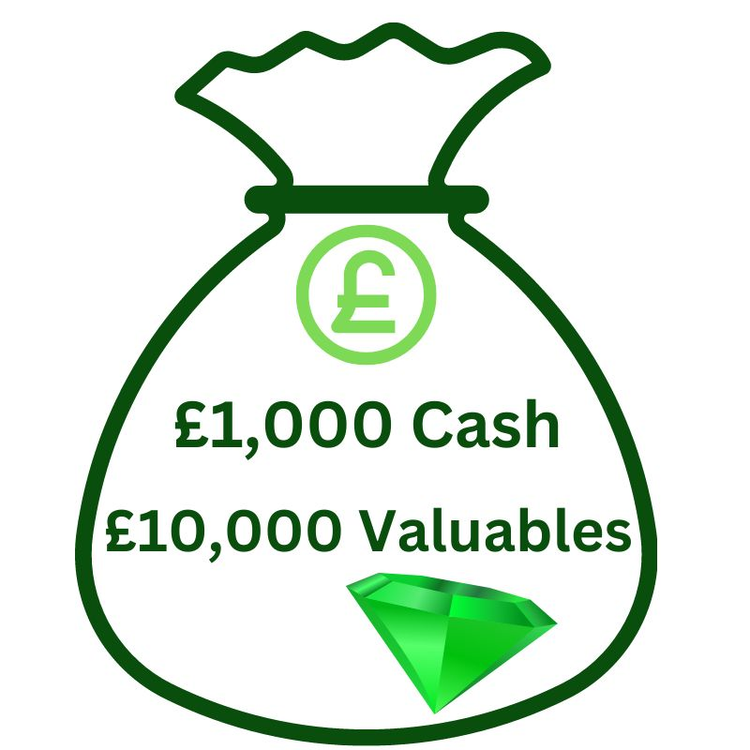 Illustration of a money bag with text: Rated £1,000 Cash - £10,000 Valuables 