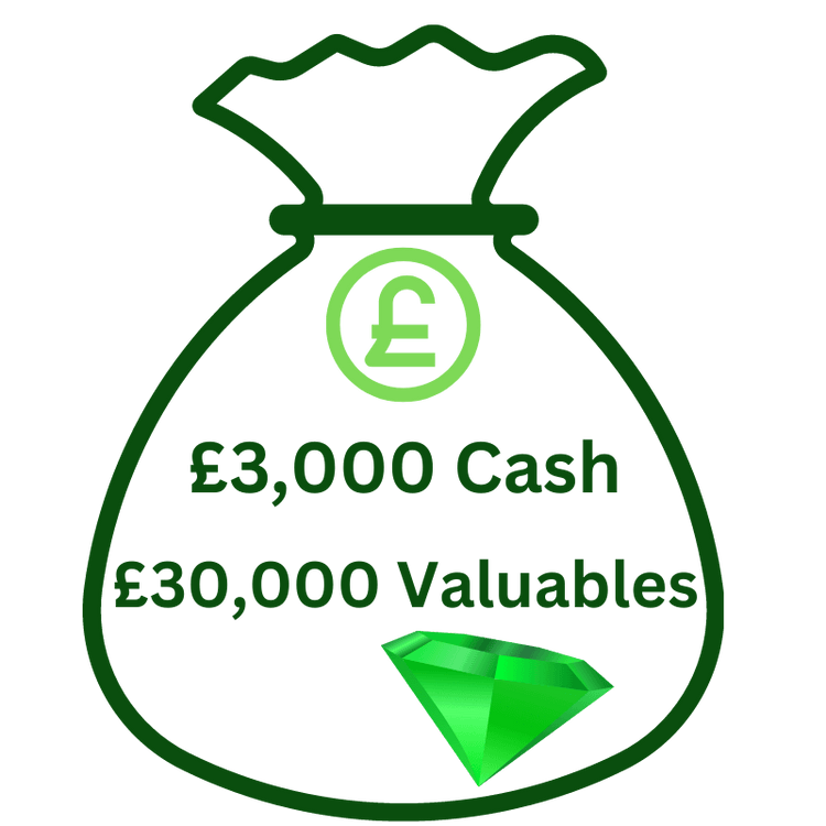 Illustration of a money bag with text: Rated £3,000 Cash - £30,000 Valuables 