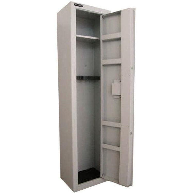 Securikey gun safe with open door, showcasing interior shelves and secure storage.