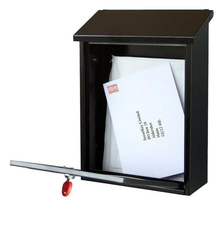 Secure black wall-mounted post box with lockable front access and mail inside.