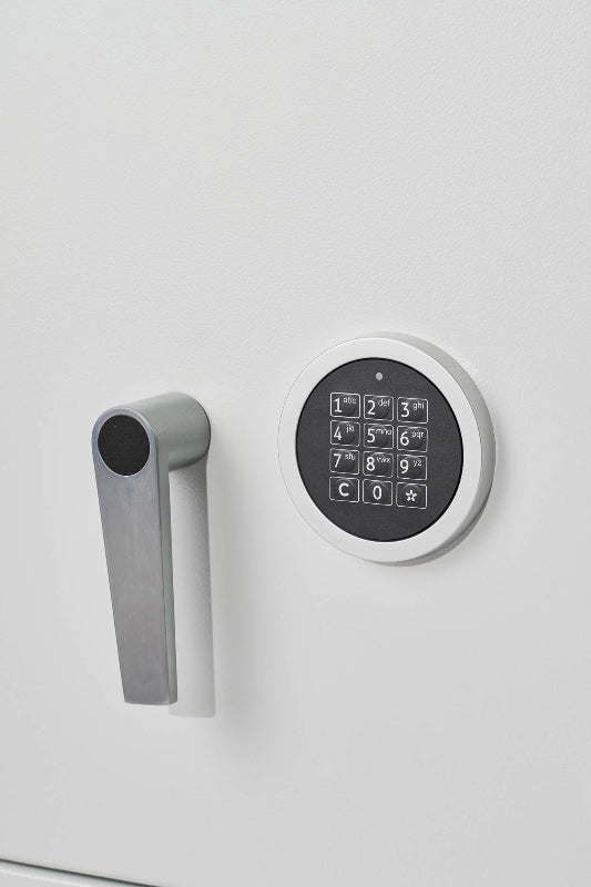 Close-up of De Raat DRS Combi-Fire 2 electronic keypad lock, showcasing secure access for this 60-minute fire rated home and office safe.