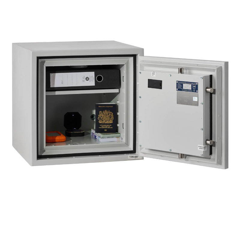 Interior view of De Raat DRS Combi-Fire 2 safe showing organized storage for documents and valuables, 34Ltr, fire rated for 60 minutes.