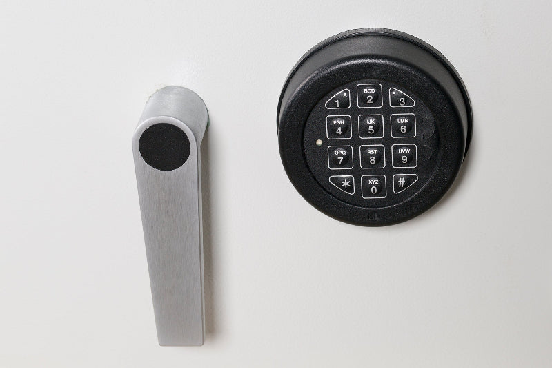 Close-up of De Raat DRS Combi-Fire 3 electronic keypad and handle, showcasing secure access for this 69Ltr fire rated home and office safe.