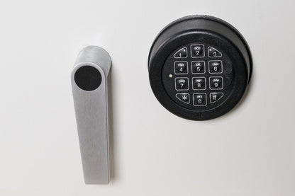 Close-up of De Raat DRS Combi-Fire 3 electronic keypad and handle, showcasing secure access for this 69Ltr fire rated home and office safe.