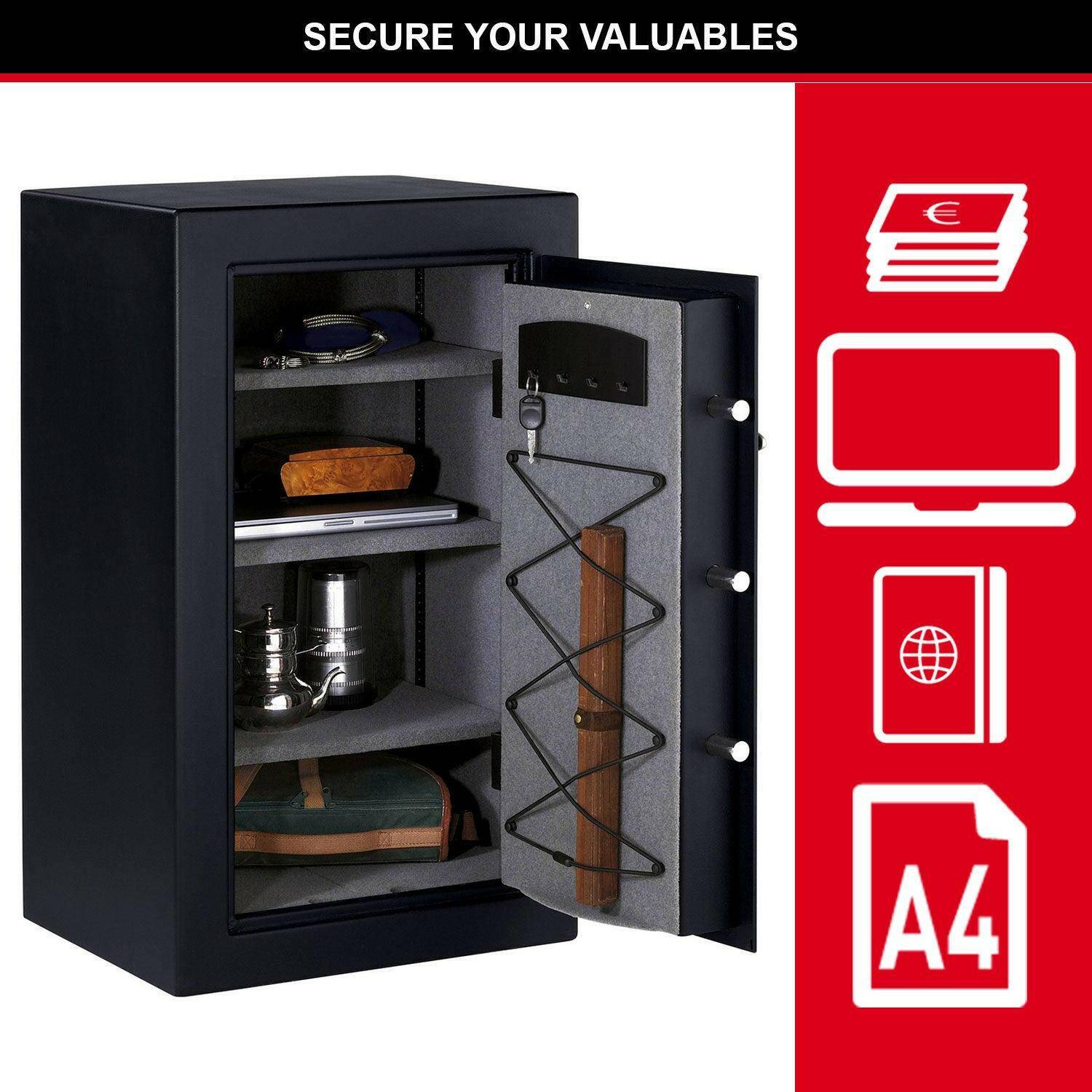 Master Lock T0-331 Security Safe open with icons for valuables