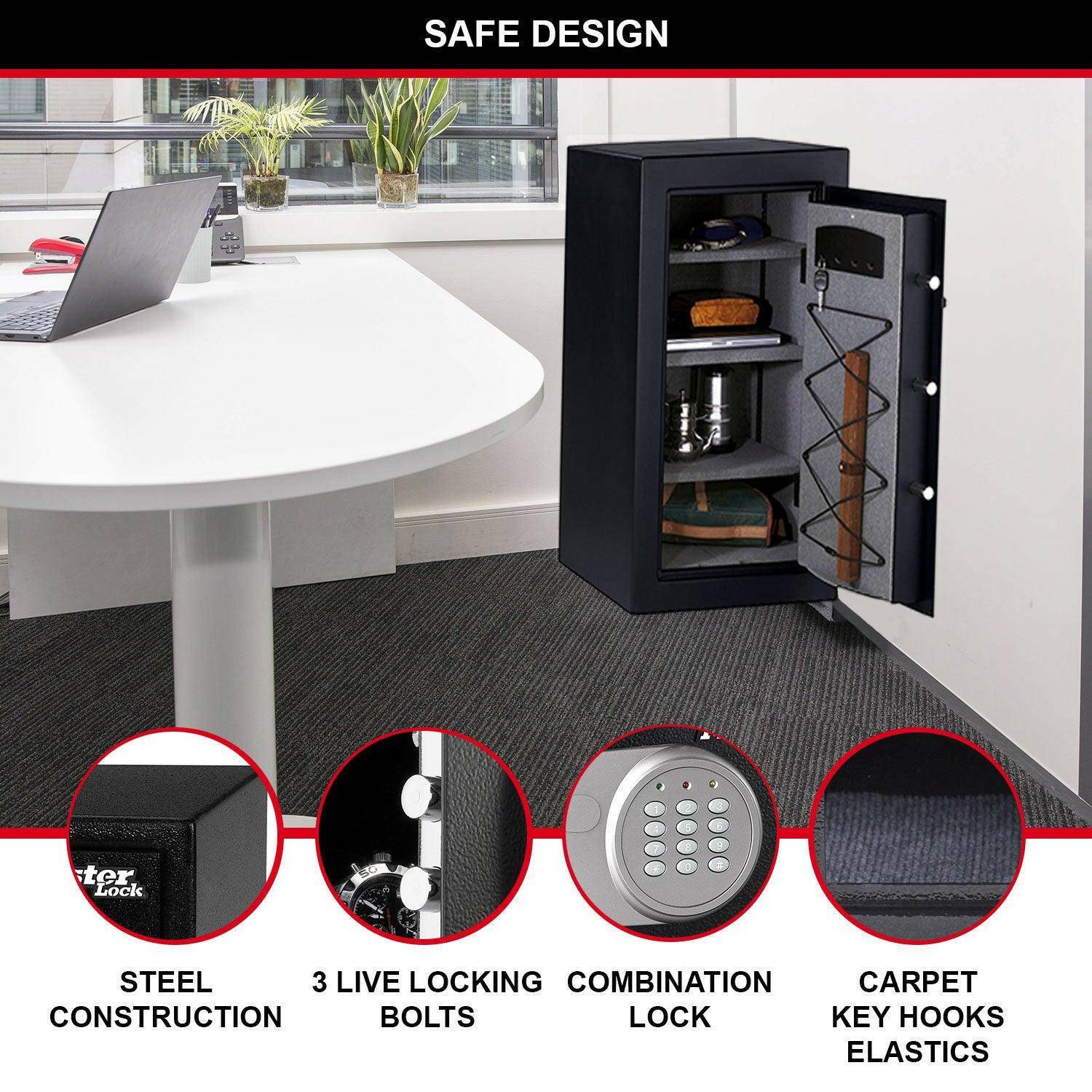 Master Lock T0-331 Security Safe in office, highlighting design