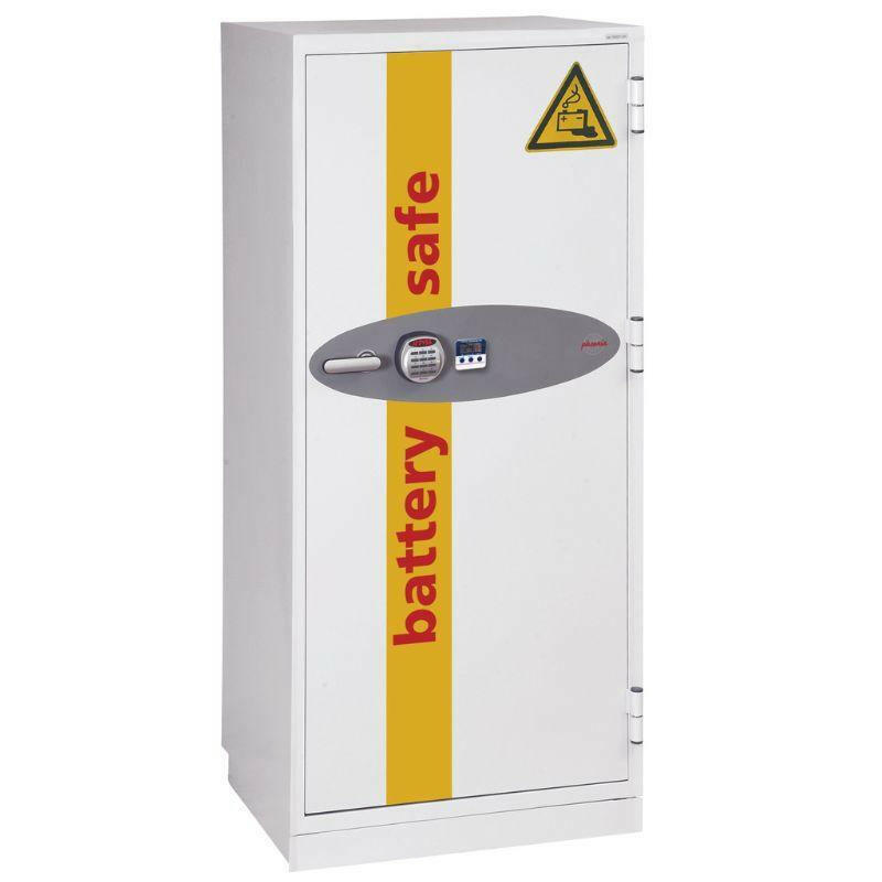 Phoenix BS1932 Battery Commander Safe, 338 Litres with electronic keypad, fingerprint scanner, and key lock. Fire rated for 90 minutes, ideal for lithium-ion battery storage.