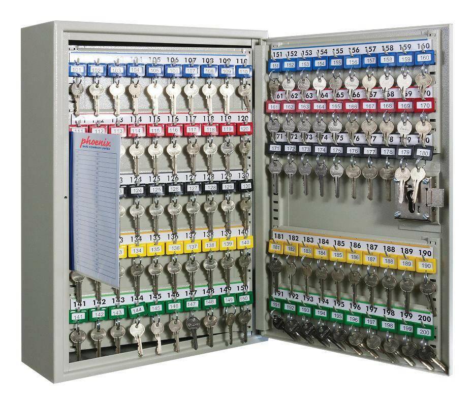 Phoenix KC0073 key cabinet open, displaying 200 key hooks