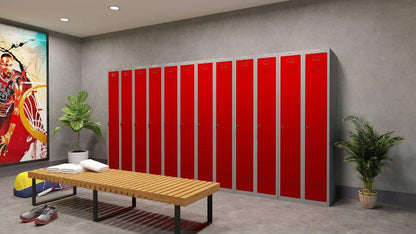 Row of Phoenix lockers in a room with bench