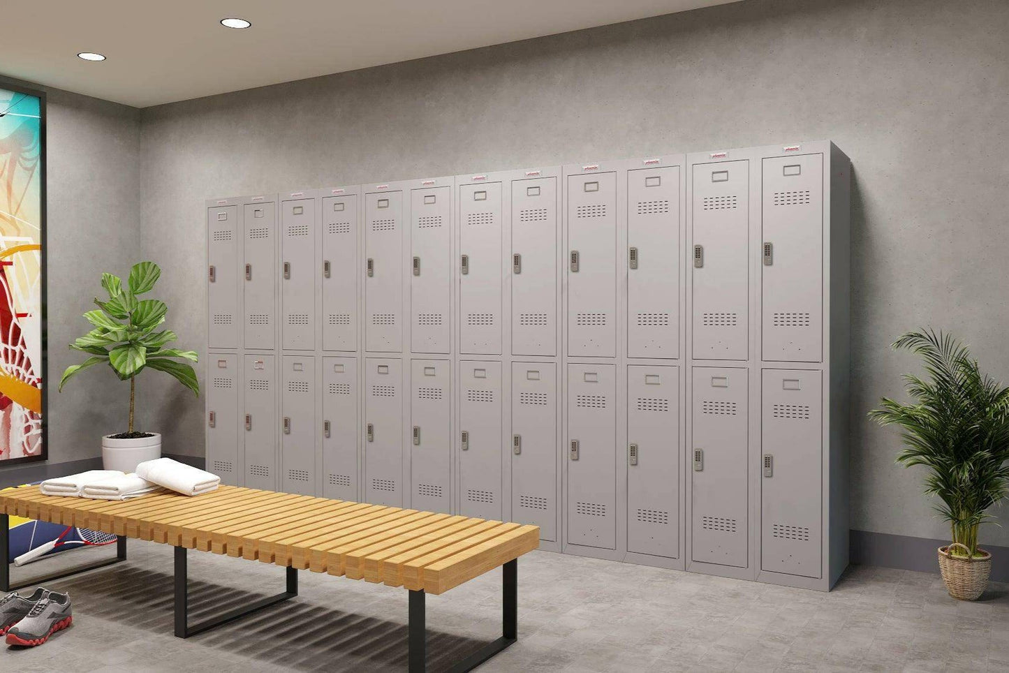 Row of Phoenix PL1230GG lockers in a room, light grey