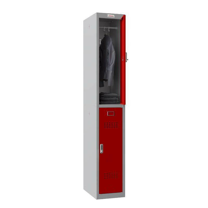 Open Phoenix PL1230GR locker with clothes inside, red door