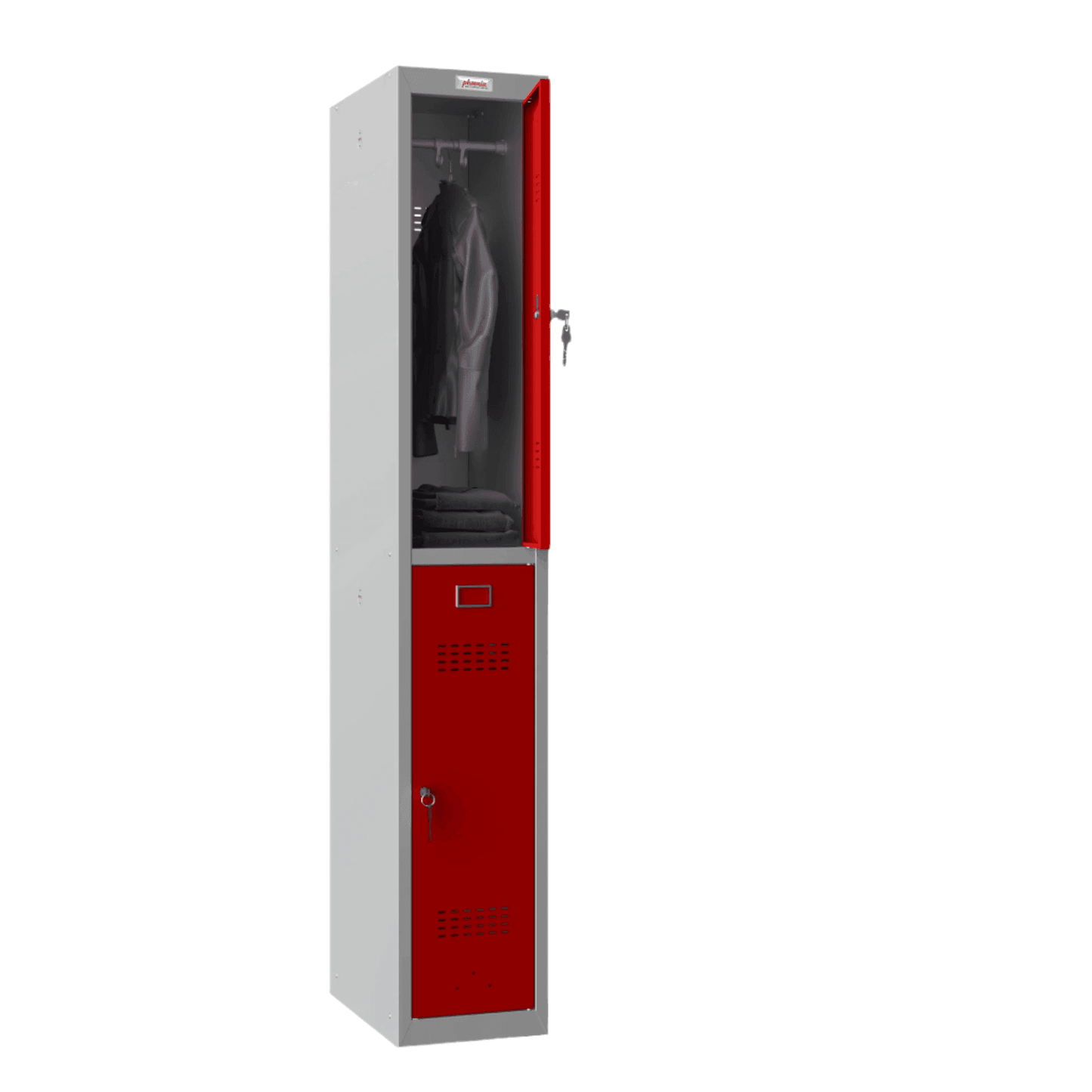 Open Phoenix PL1230GR locker, red door, key lock, clothes inside