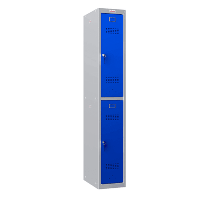 Phoenix PL1233GB 2-door locker, angled view, blue doors