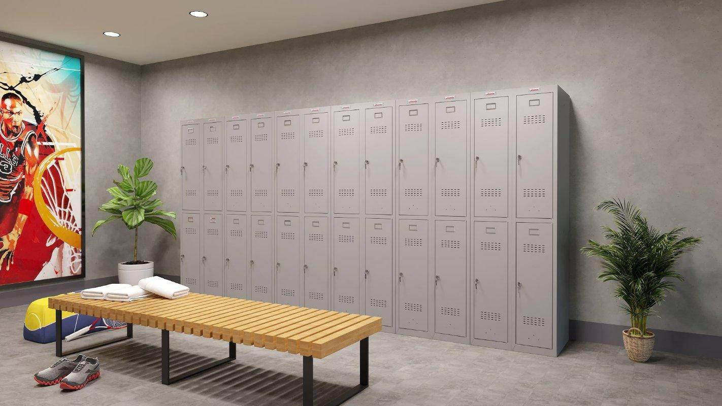 Row of Phoenix PL1233GG lockers in a locker room setting