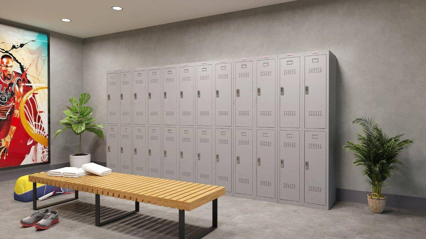 Multiple Phoenix PL1233GG lockers in a locker room