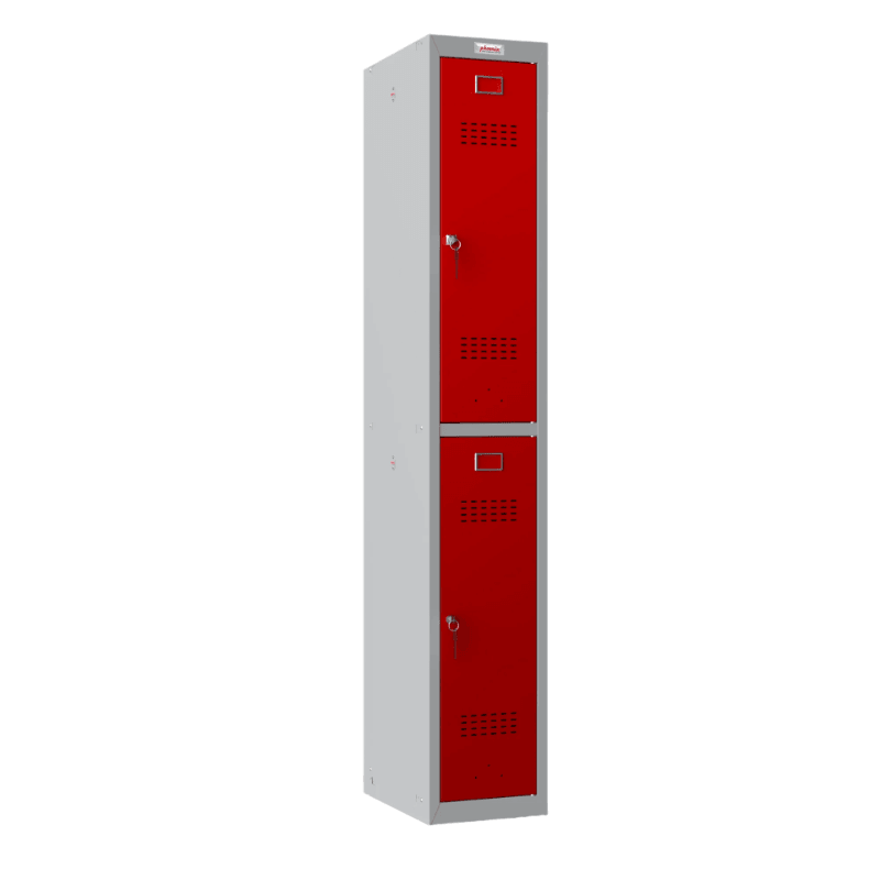 Phoenix PL1233GR locker with red doors, angled view