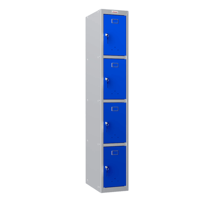 Phoenix PL1430GB locker, 1 column, 4 blue doors, angled view